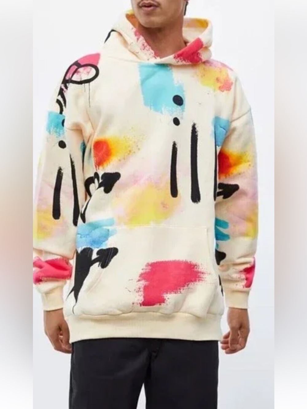 MensPacSun Scrap Art Graffiti Hoodie Medium Cream Spray Paint Graphic